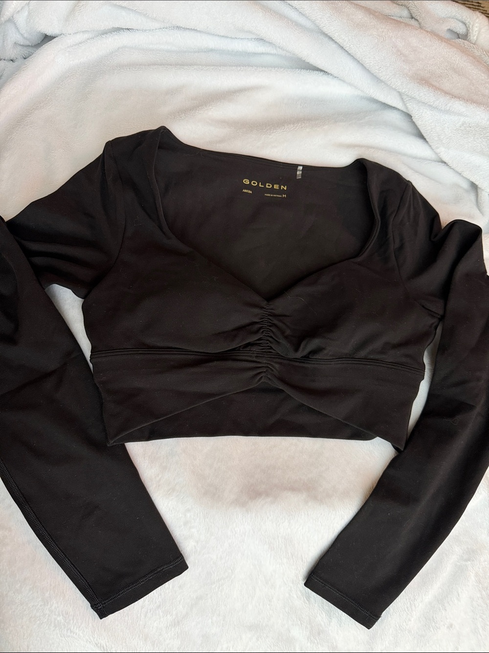 Aritzia Golden Black Long-Sleeve Ruched V-Neck Crop Top